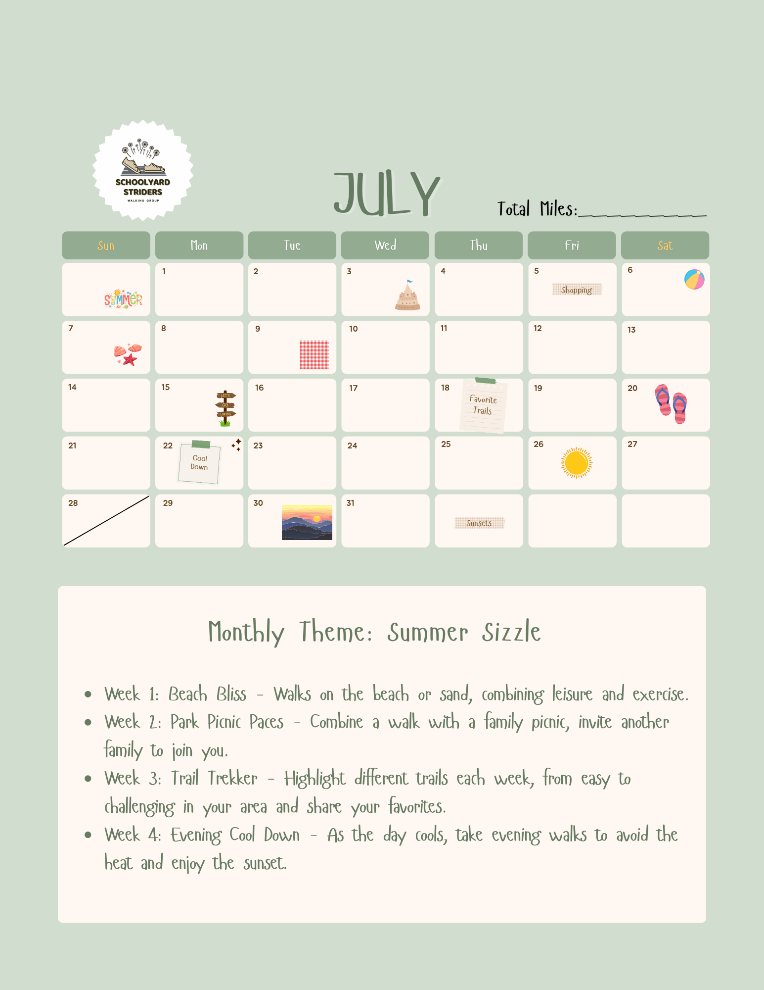 July Calendar for The Schoolyard Striders