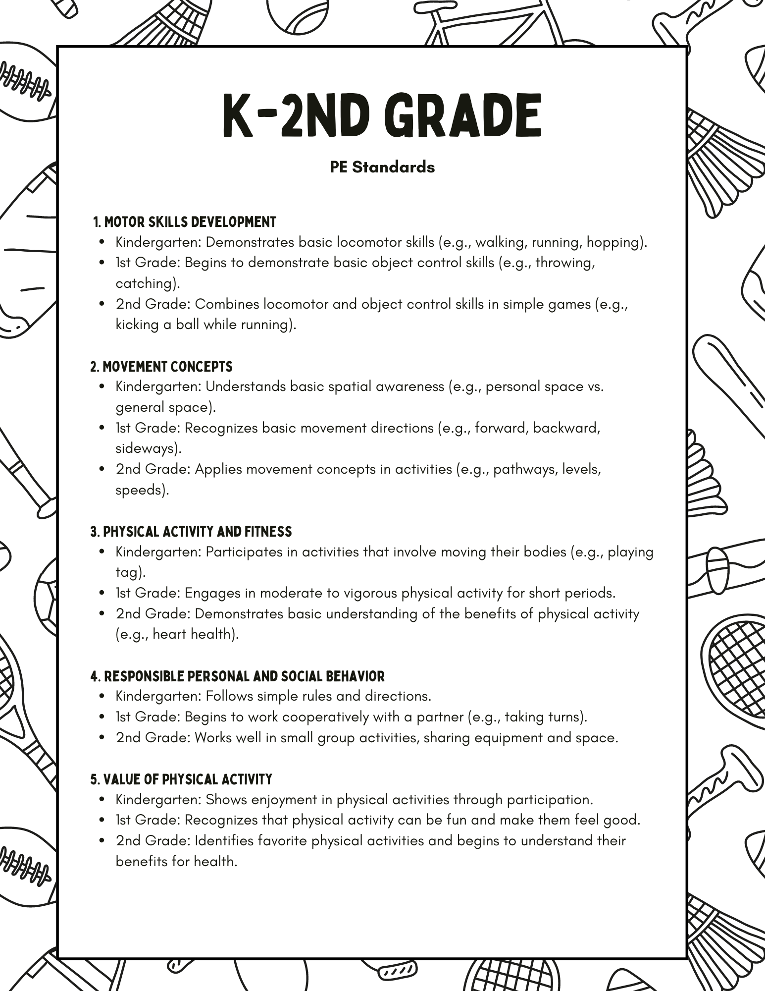 PE Standards for K-2nd Grade